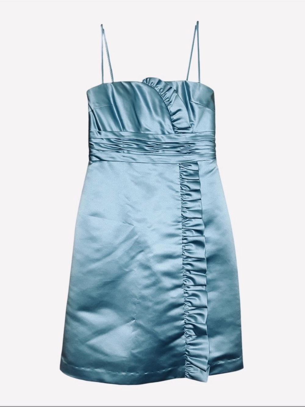 Priscilla of Boston Blue Satin Ruffle Cocktail Dress Size 4 Ruched Mini